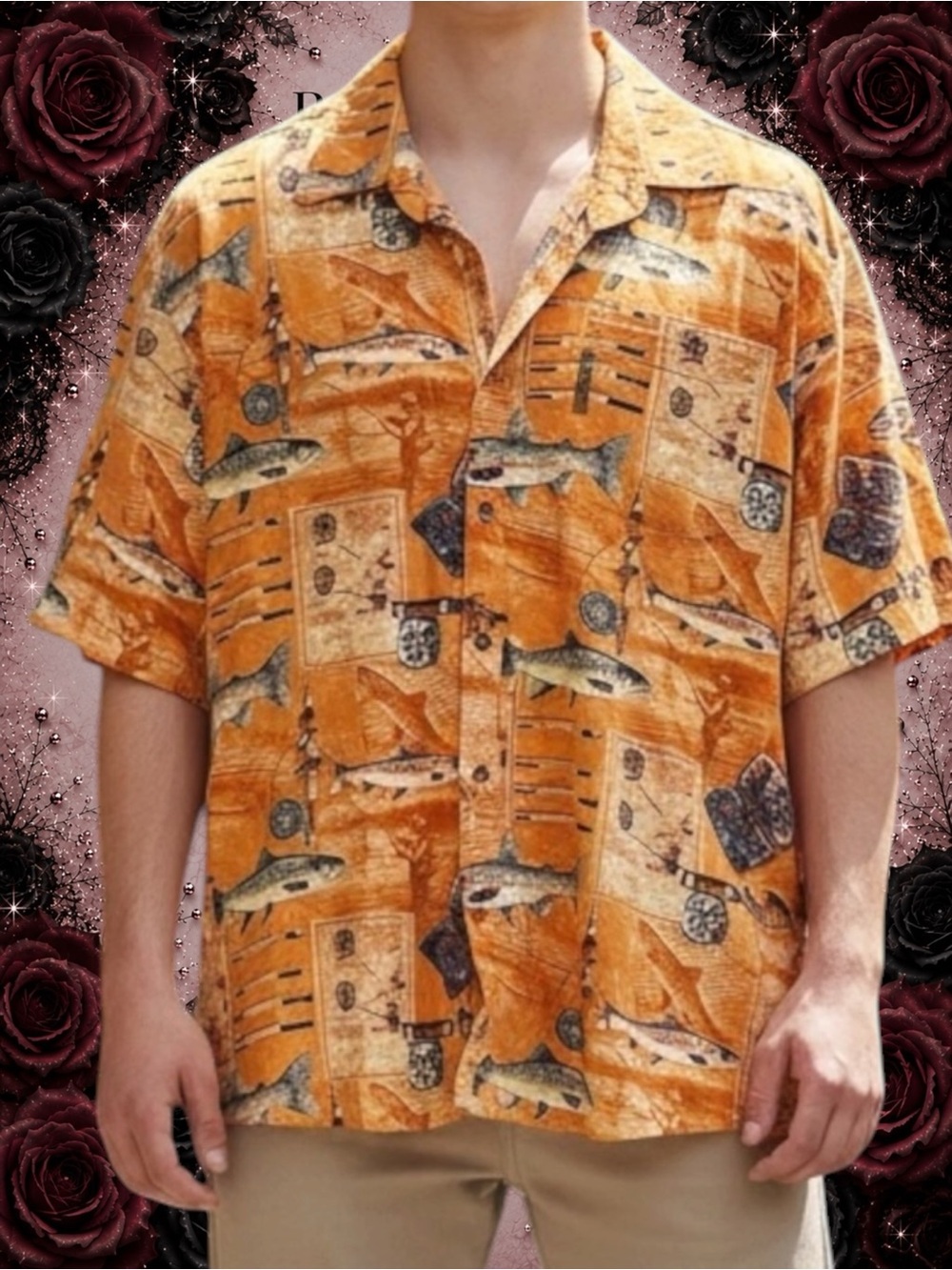 Preowned North River Fishing Shirt Men’s Large Orange Fish Print Button-Up Short